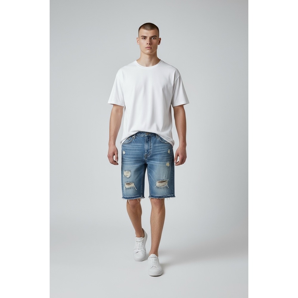 NOVAMEN Mens Denim Jean Shorts Size‎ 36 Ripped Distressed  Medium Wash-Thrashed